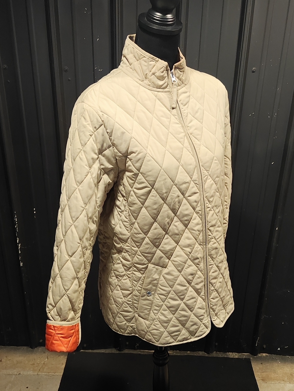 Lands' End Quilted Beige Jacket with Orange Cuff Accent